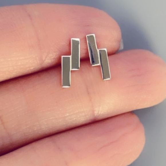 Sterling Silver Double Bar Stud Earrings - Minimalist and Chic Jewelry - Picture 7 of 12